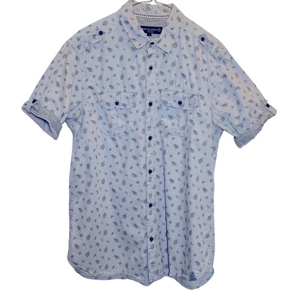 Free Planet men's size Large Cotton button up blue gray short roll sleeve - Picture 1 of 8